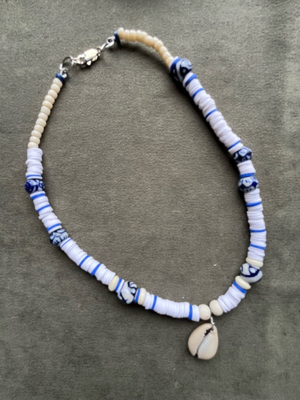 Blue and White Beaded Shell Necklace — Coastal Summer Pendant